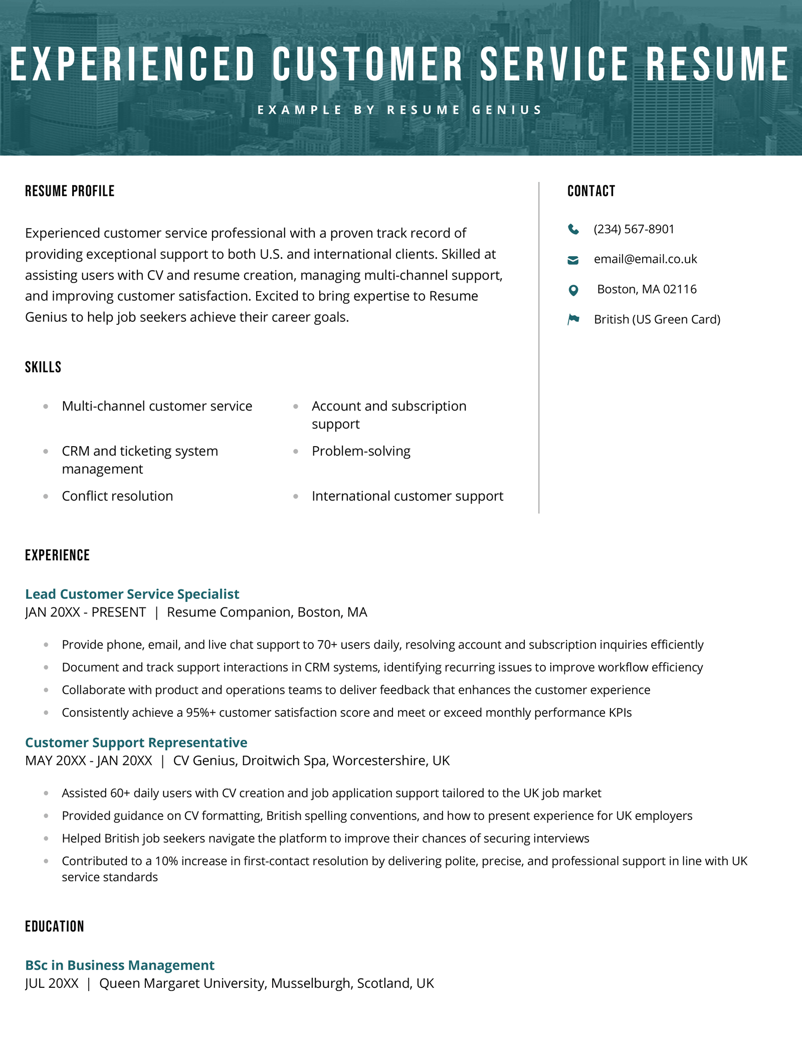 An experienced customer service resume example.