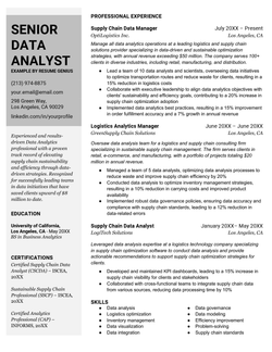 Example of a resume for an experienced data analyst with 10 years of experience and 8 years of management experience, using a template with a gray left aligned sidebar and a certifications section.