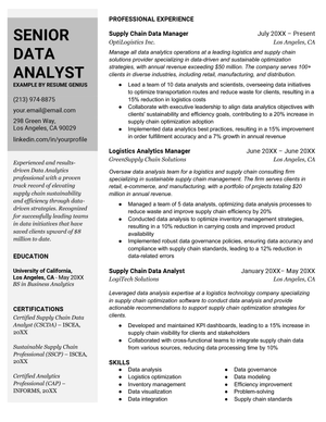 Example of a resume for an experienced data analyst with 10 years of experience and 8 years of management experience, using a template with a gray left aligned sidebar and a certifications section.