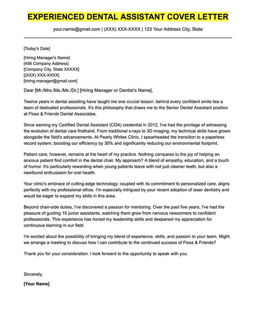 An example cover letter for an experienced dental assistant.