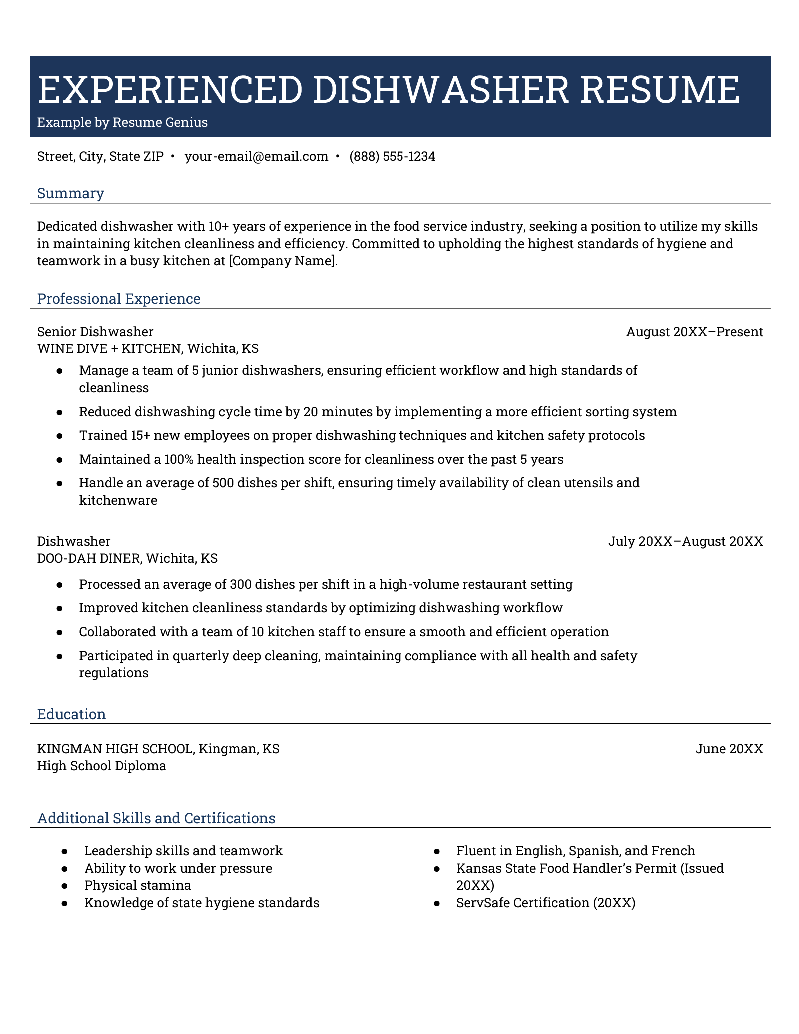 An experienced dishwasher resume.