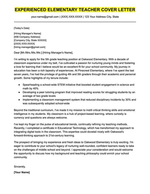 An example cover letter for an experienced elementary school teacher.
