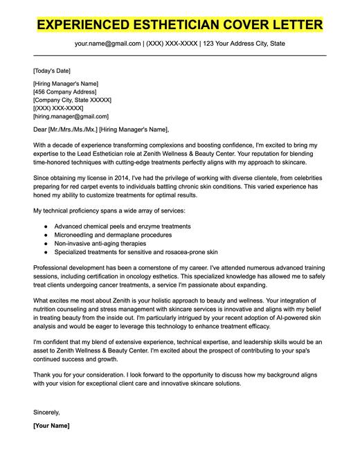 An example cover letter for an experienced esthetician.