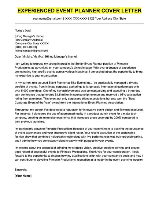 An example cover letter for an experienced event planner.