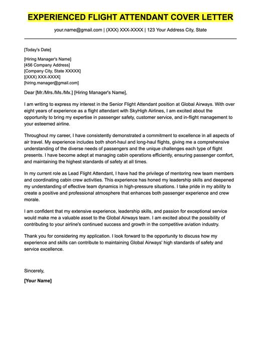 An example cover letter for an experienced flight attendant.