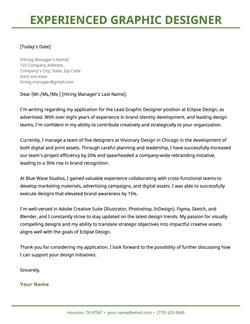 An experienced graphic designer cover letter using a template with a green header.