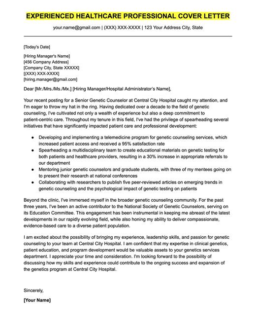 An example cover letter for an experienced healthcare professional.
