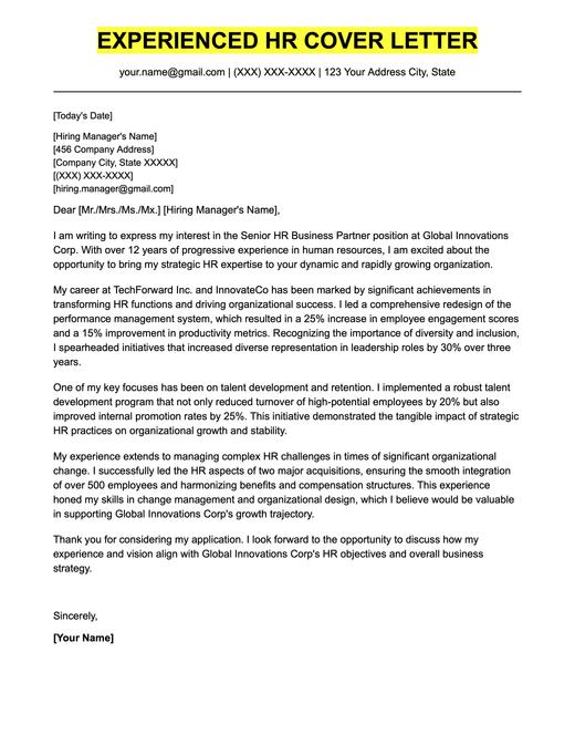 An example cover letter for an experienced HR professional.