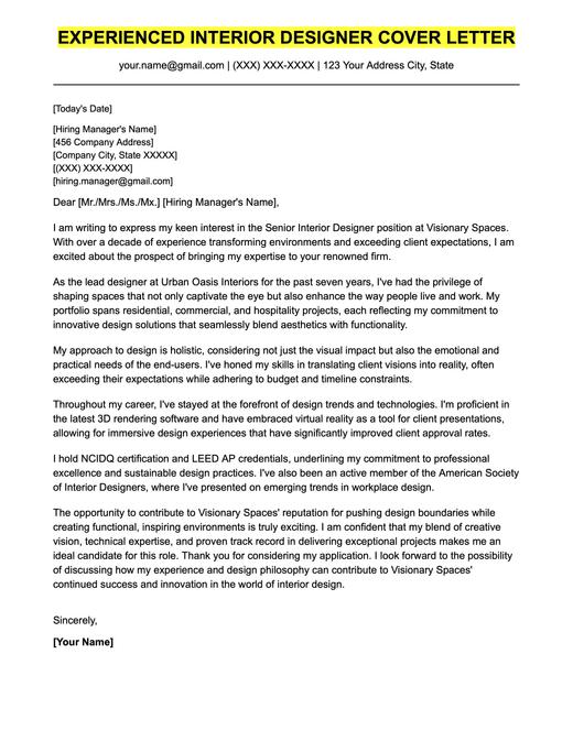 An example cover letter for an experienced interior designer.