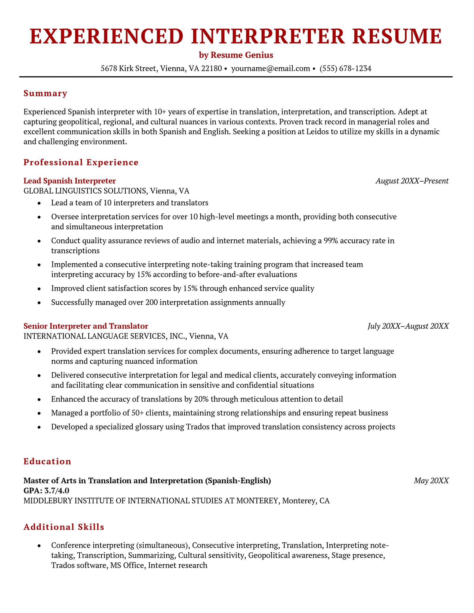 An experienced interpreter resume example.