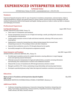 An experienced interpreter resume example.