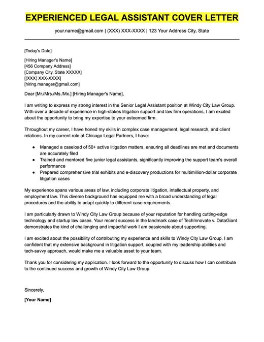 An example cover letter for an experienced legal assistant.