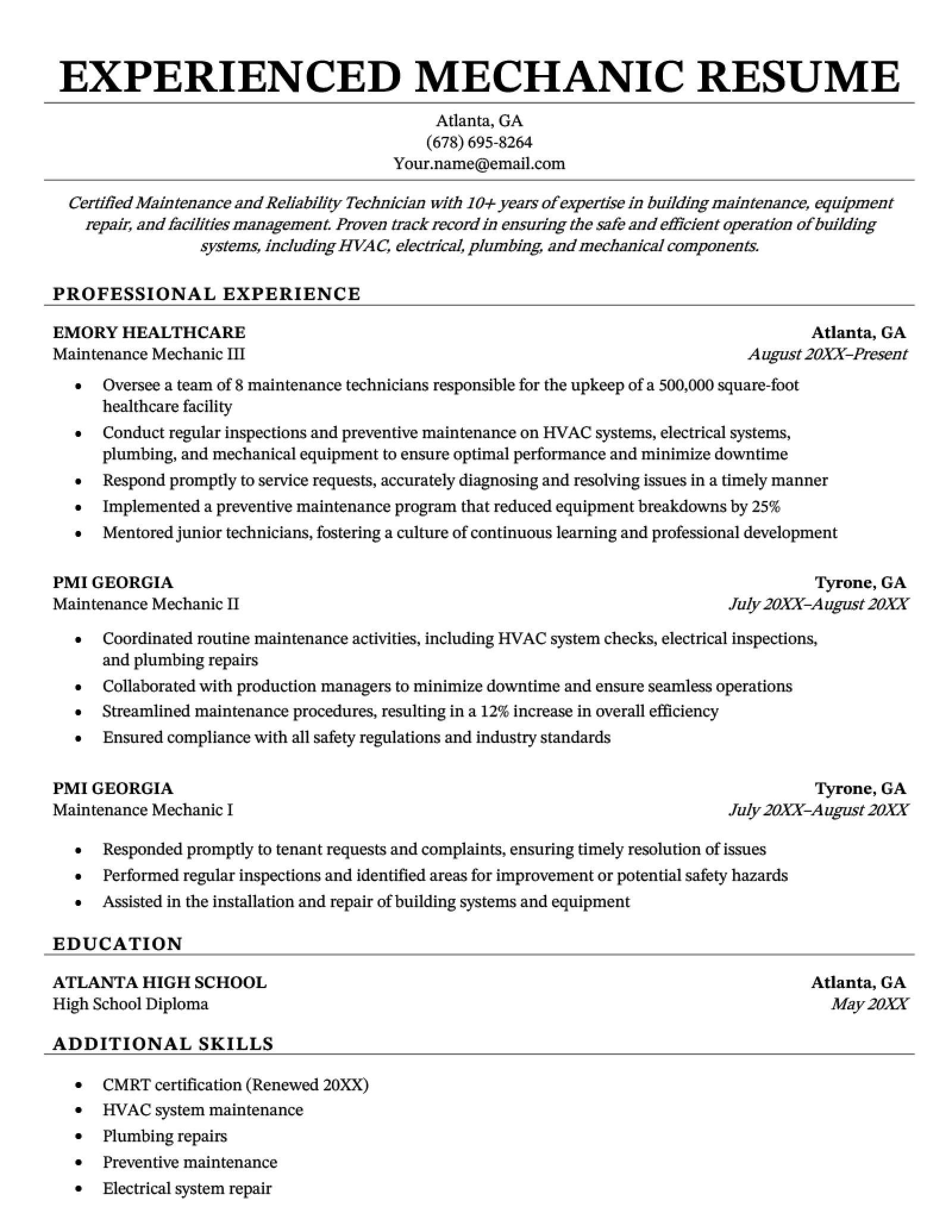 Mechanic Resume Examples and Template for 2025