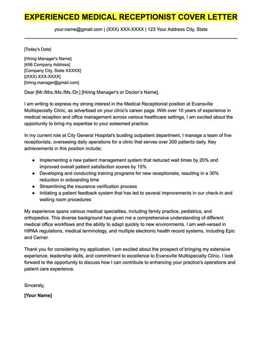 An example cover letter for an experienced medical receptionist.