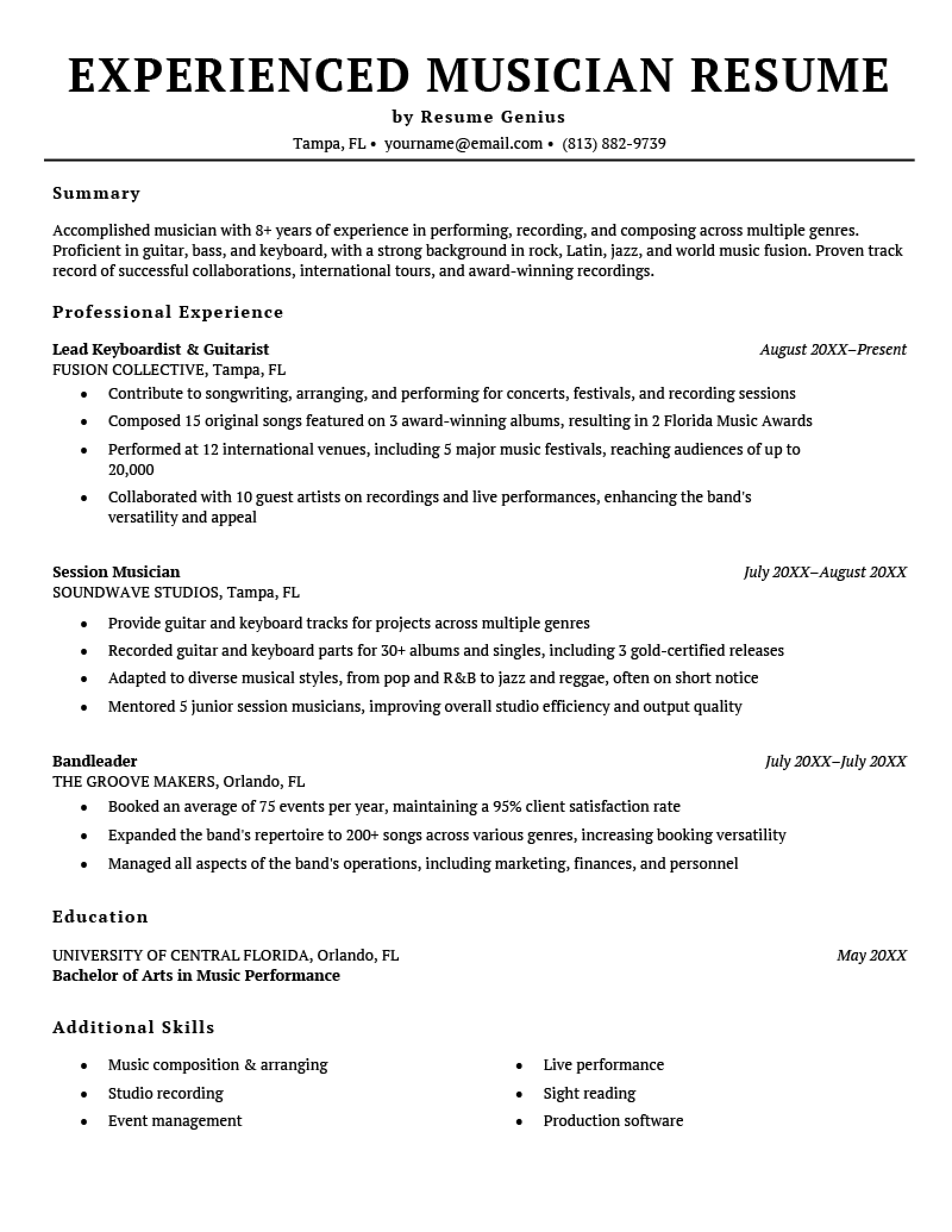 An experienced musician resume using a black-and-white template.