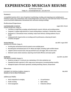 An experienced musician resume using a black-and-white template.
