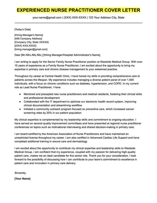 An example cover letter for an experienced nurse practitioner.