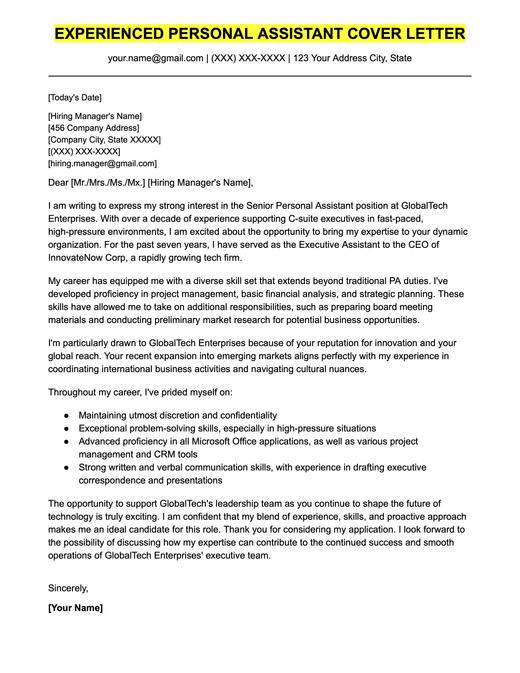 An example cover letter for an experienced personal assistant.