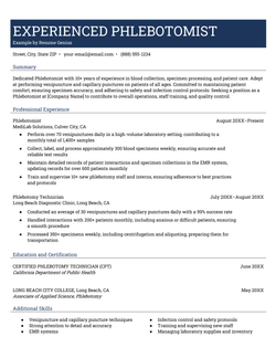 An example of a resume for an experienced phlebotomist.