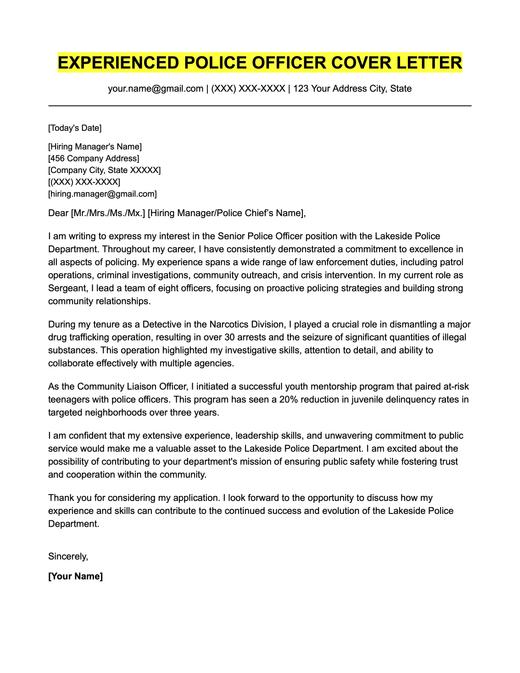 An example cover letter for an experienced police officer.