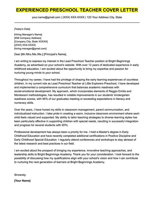An example cover letter for an experienced preschool teacher.