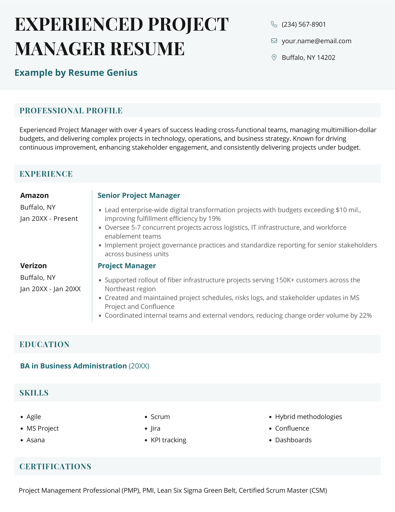 An experienced project manager resume example.