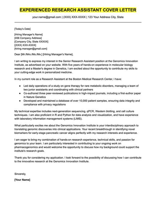 An example cover letter for an experienced research assistant.