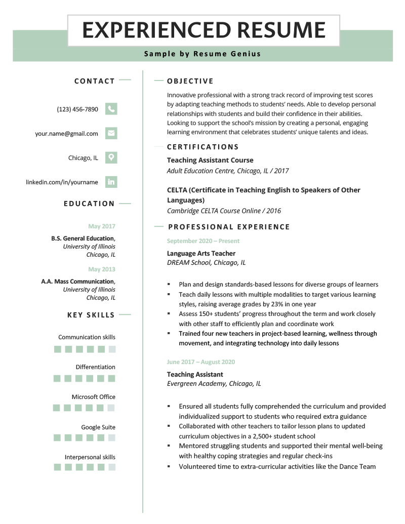 An example of a resume written by a teacher candidate with experience