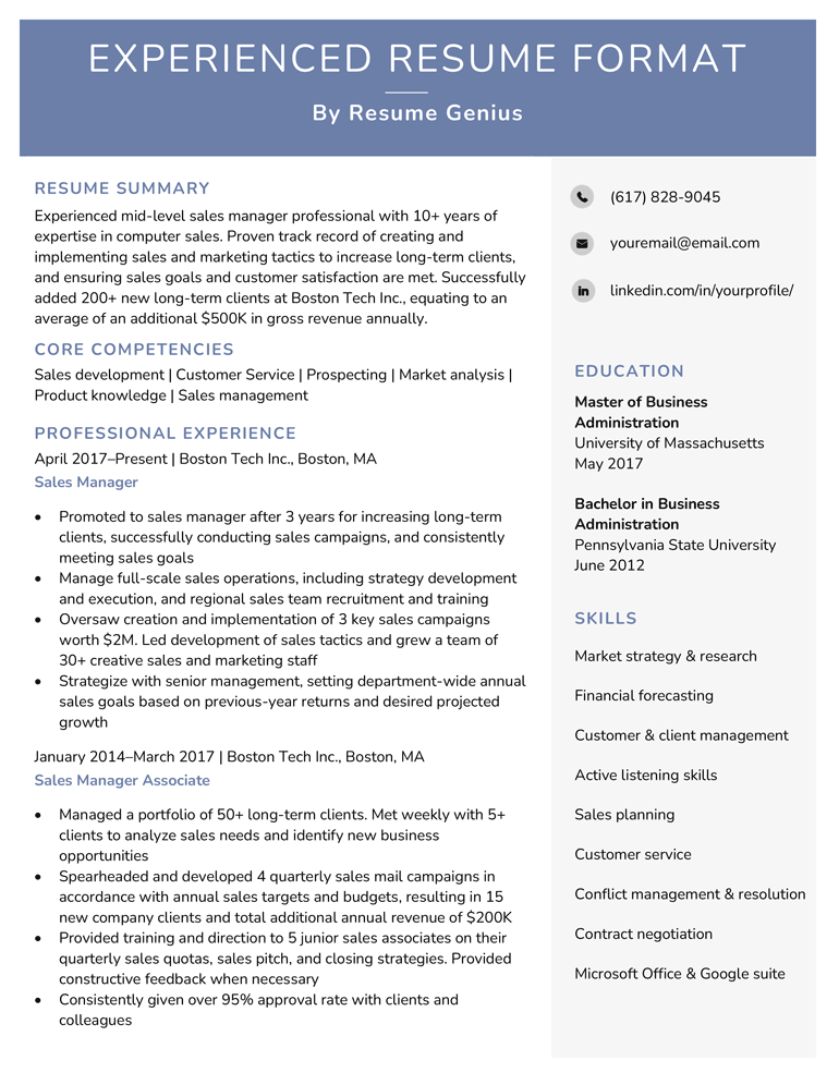 Experienced resume format for seasoned professionals, with a blue header and light grey side bar.