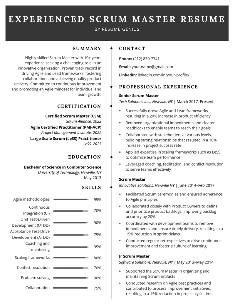 Example of a senior-level scrum master resume featuring a bold black heading, and a two-column layout that organizes the candidate's information neatly. The skills section includes skill bars to detail the candidate's level of proficiency in each skill.