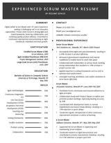 Example of a senior-level scrum master resume featuring a bold black heading, and a two-column layout that organizes the candidate's information neatly. The skills section includes skill bars to detail the candidate's level of proficiency in each skill.
