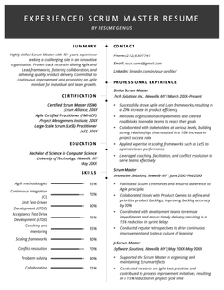 Example of a senior-level scrum master resume featuring a bold black heading, and a two-column layout that organizes the candidate's information neatly. The skills section includes skill bars to detail the candidate's level of proficiency in each skill.
