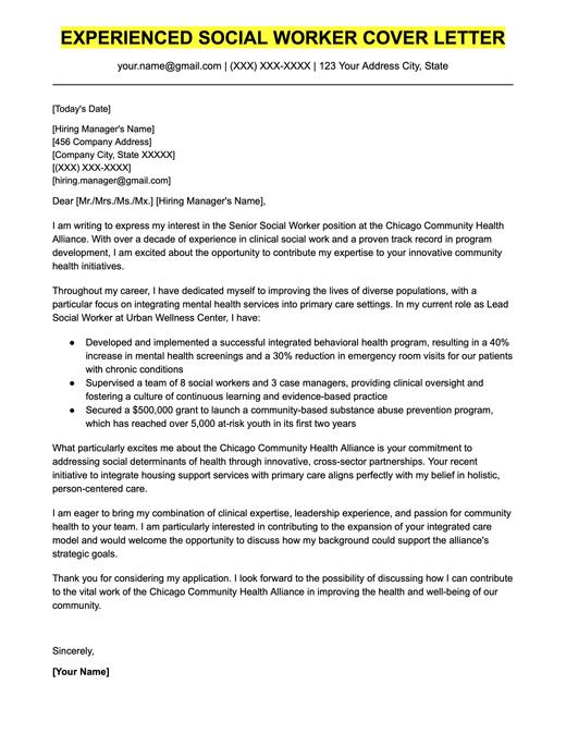 An example cover letter for an experienced social worker.