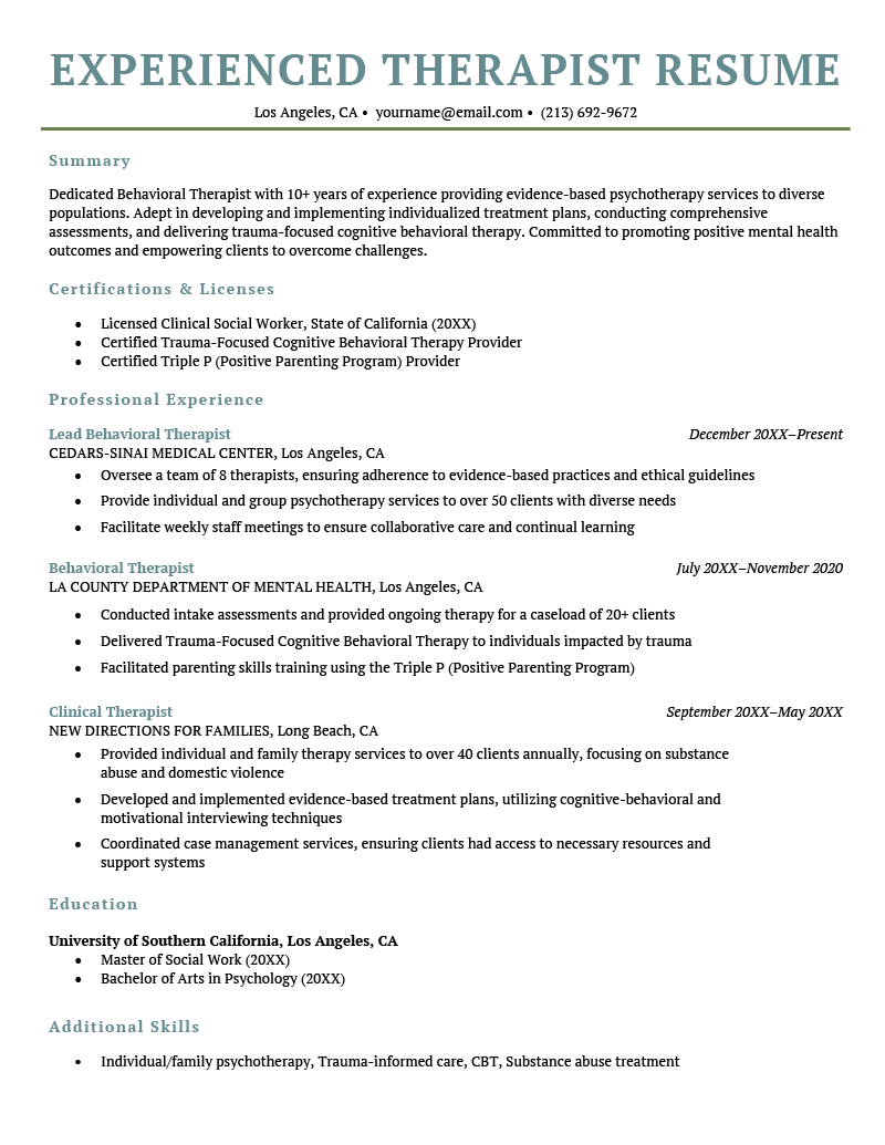 An experienced therapist resume example using a simple, turquoise template.