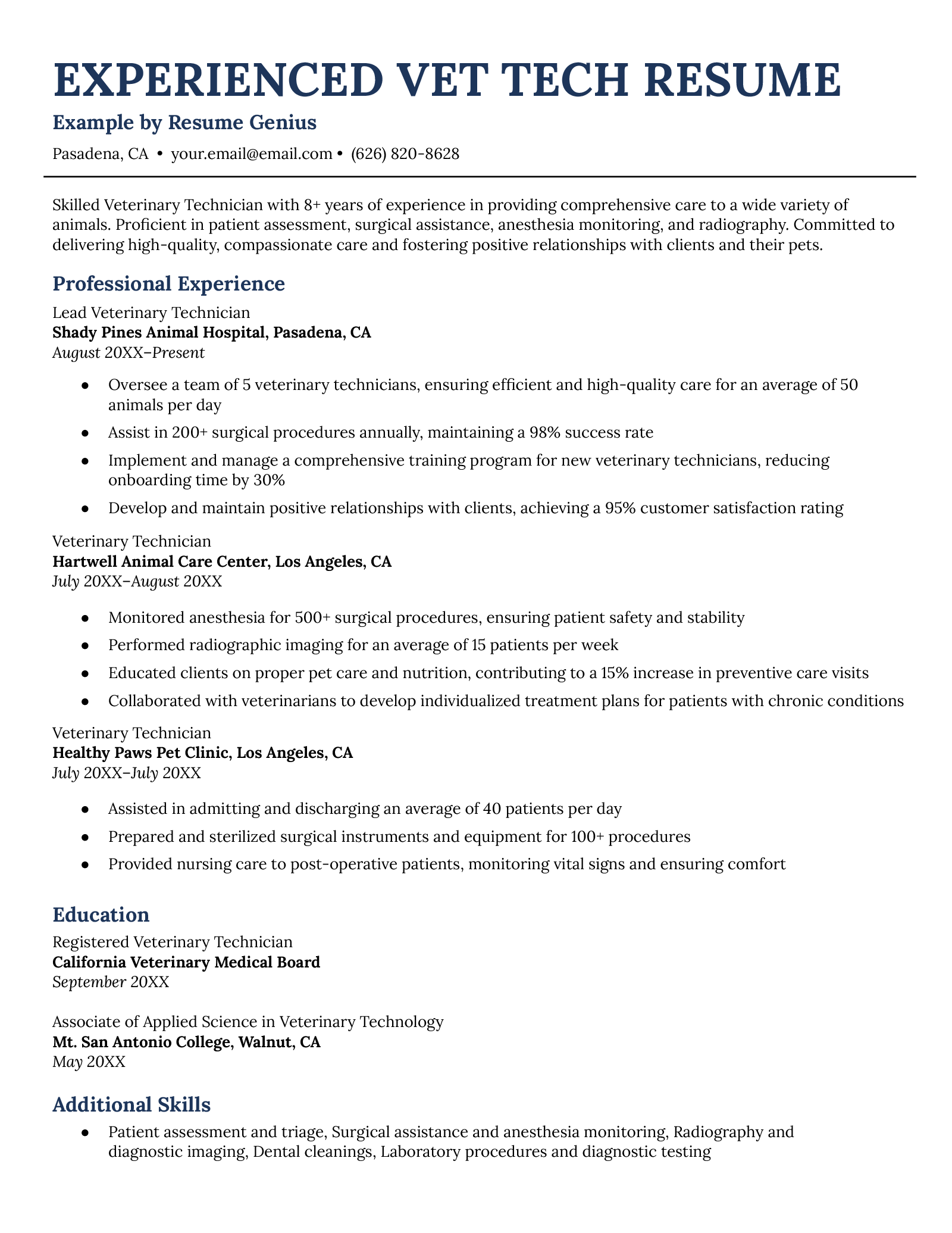 An example resume for an experienced veterinary technician.
