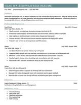 A head server resume example on a template with a turquoise header.