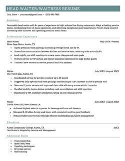 A head server resume example on a template with a turquoise header.