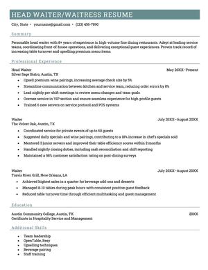 A head server resume example on a template with a turquoise header.