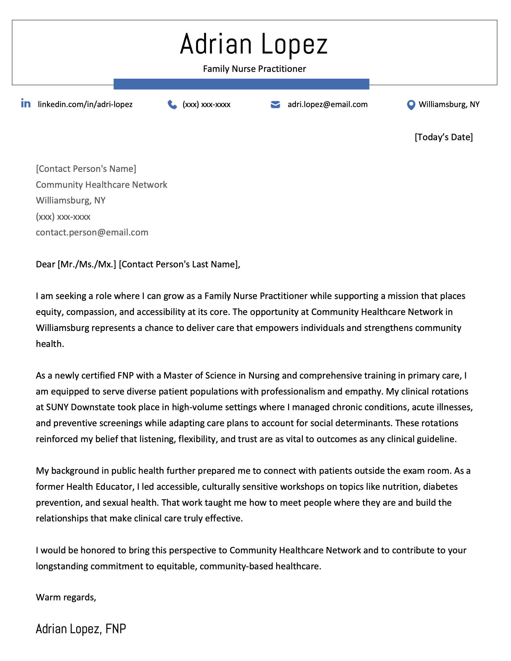 A family nurse practitioner cover letter example.