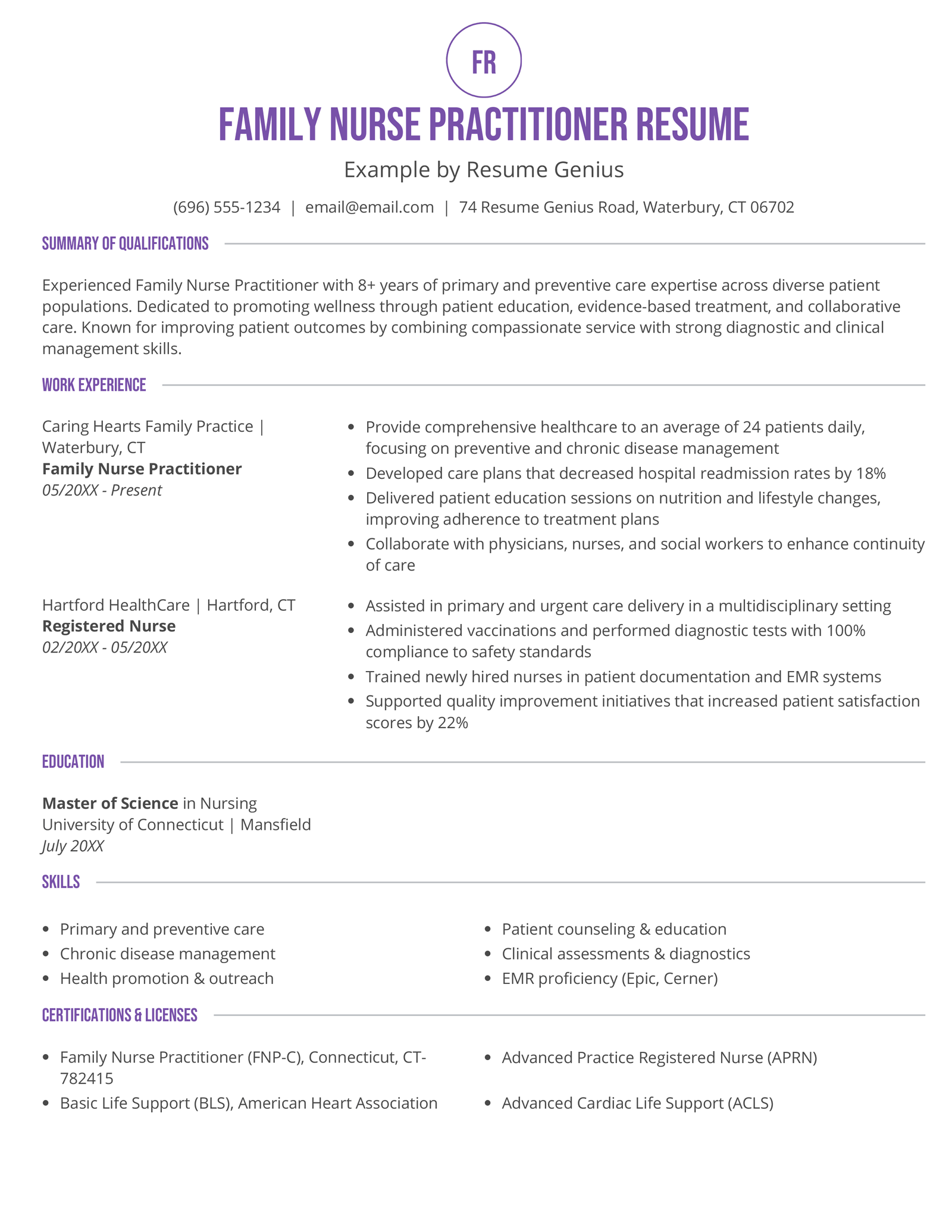 A family nurse practitioner resume example.