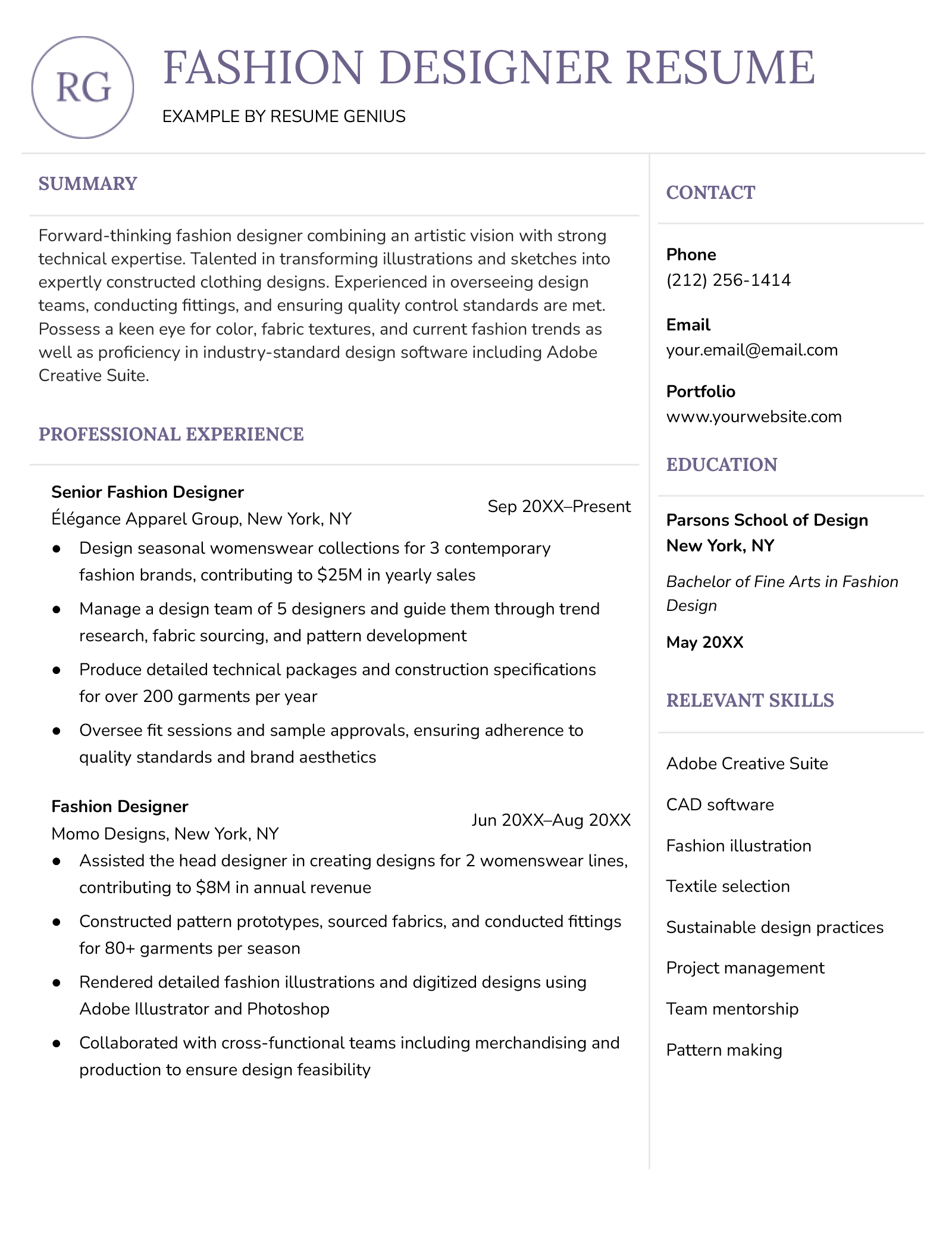 An example of a fashion designer resume.