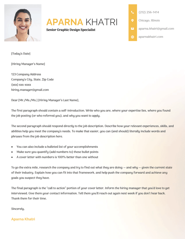 Fashionable Creative Cover Letter Template, bold yellow and white colors used, colorful fading, with headshot