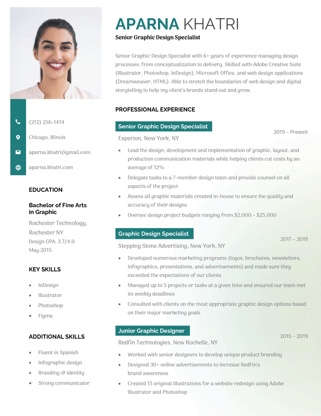 Fashionable Resume Template hub image of Creative Resume Templates subpage, dark green and white, color fading, with a headshot