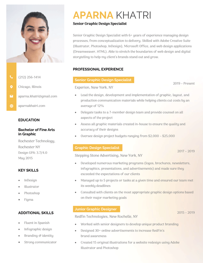 Fashionable Creative Resume Template, bold yellow and white colors used, colorful fading, with headshot