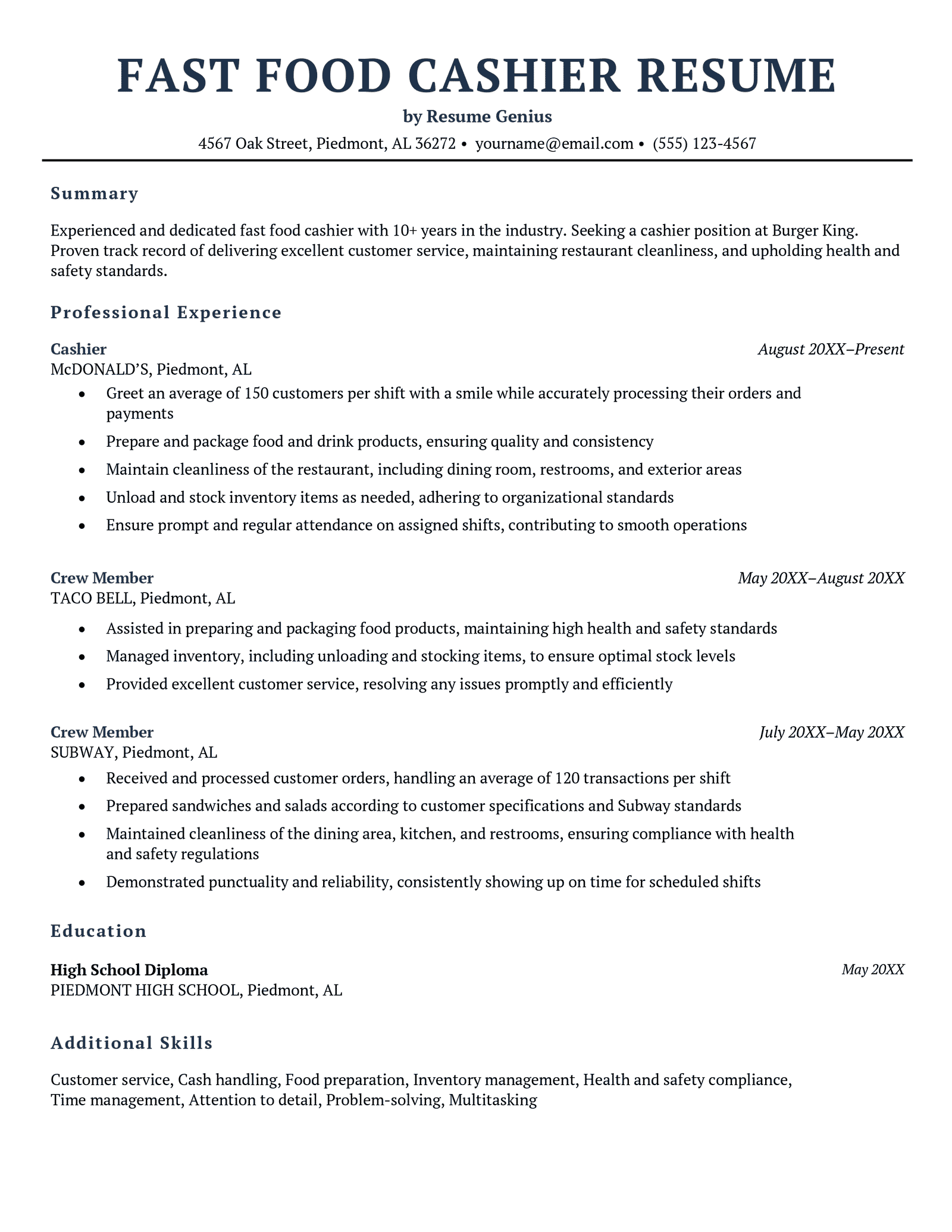 A fast food cashier resume example.