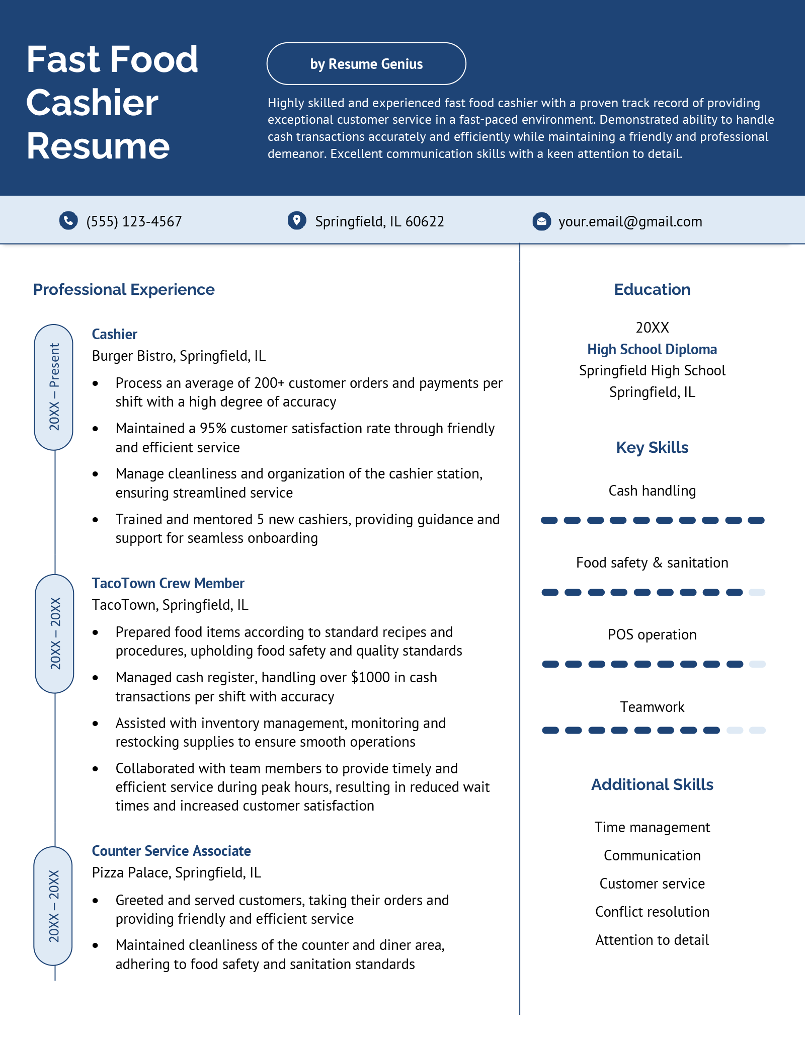 Image of a sample fast food cashier resume with a bold blue header.