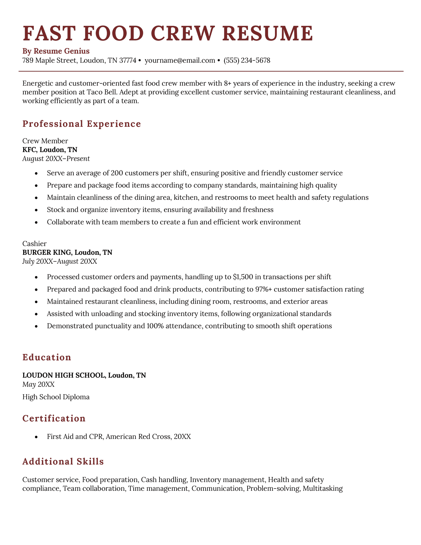 A fast food crew resume example.