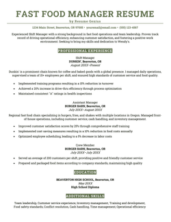 An example of a resume for a fast food manager position