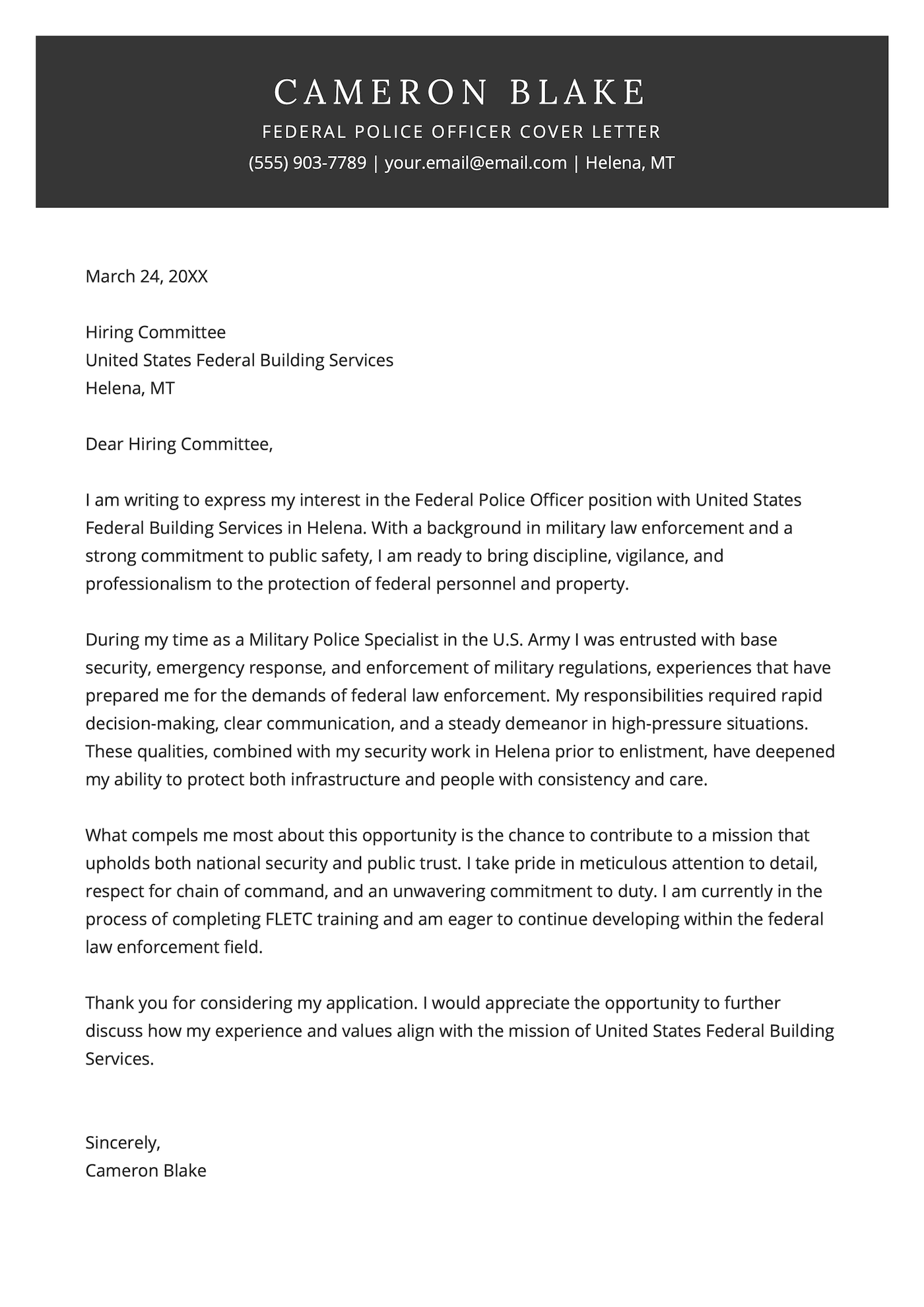 A federal police officer cover letter example.