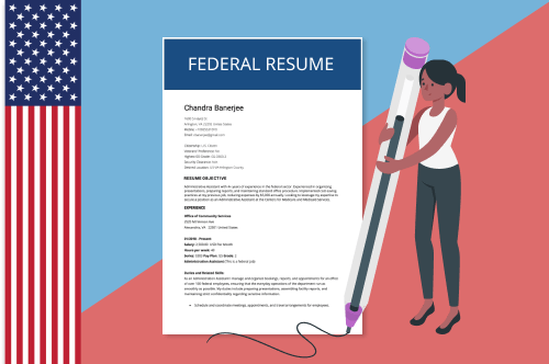 A cartoon person holding a pen beside an image of a federal resume
